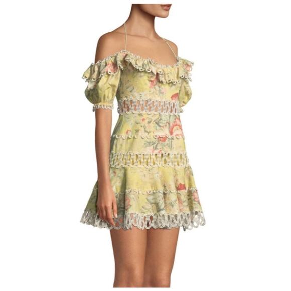 Zimmermann Melody Off Shoulder Mini Dress Yellow Floral (1) Size 6 Flirty Linen - Picture 10 of 13
